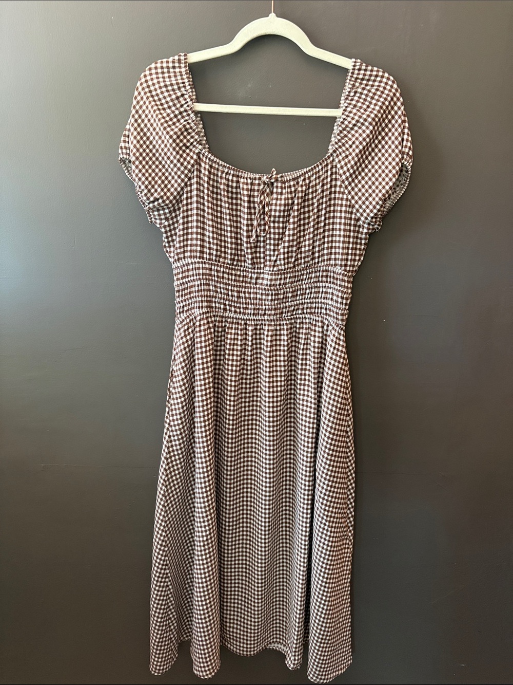 Gingham Smocked Midi Dress in Brown and White